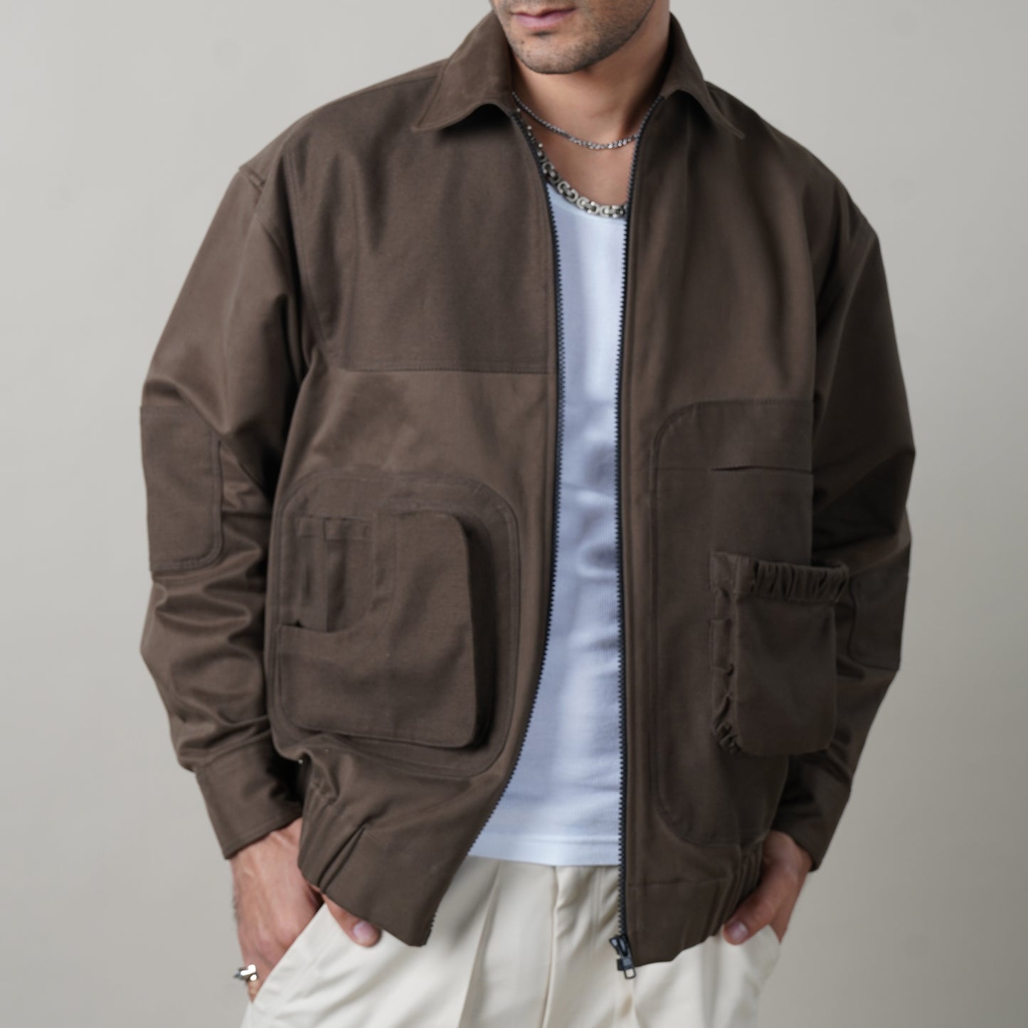 menswear, streetwear, utility wear, 3D pockets, mens jackets, womens jackets, brown jacket, streetstyle jacket, people also ask