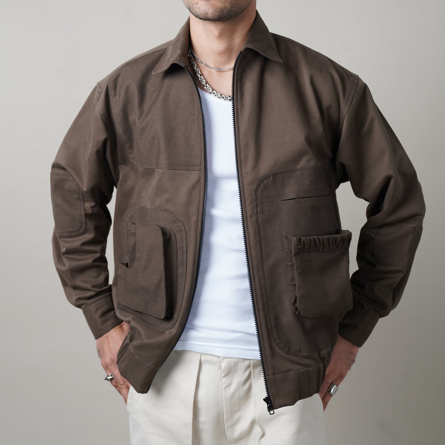 BOMBER JACKET, ONE OF ONE, 3D POCKETS, MENS FASHION, MENS JACKETS, HEAVYWEIGHT FABRIC, ONE PIECE COLLAR, 100% EGYPTIAN GIZA COTTON, MENS APPAREL, FALL/ WINTER, OUT FIT INSPIRATION, JACKETS, BROWN BOMBER JACKETS, people also ask