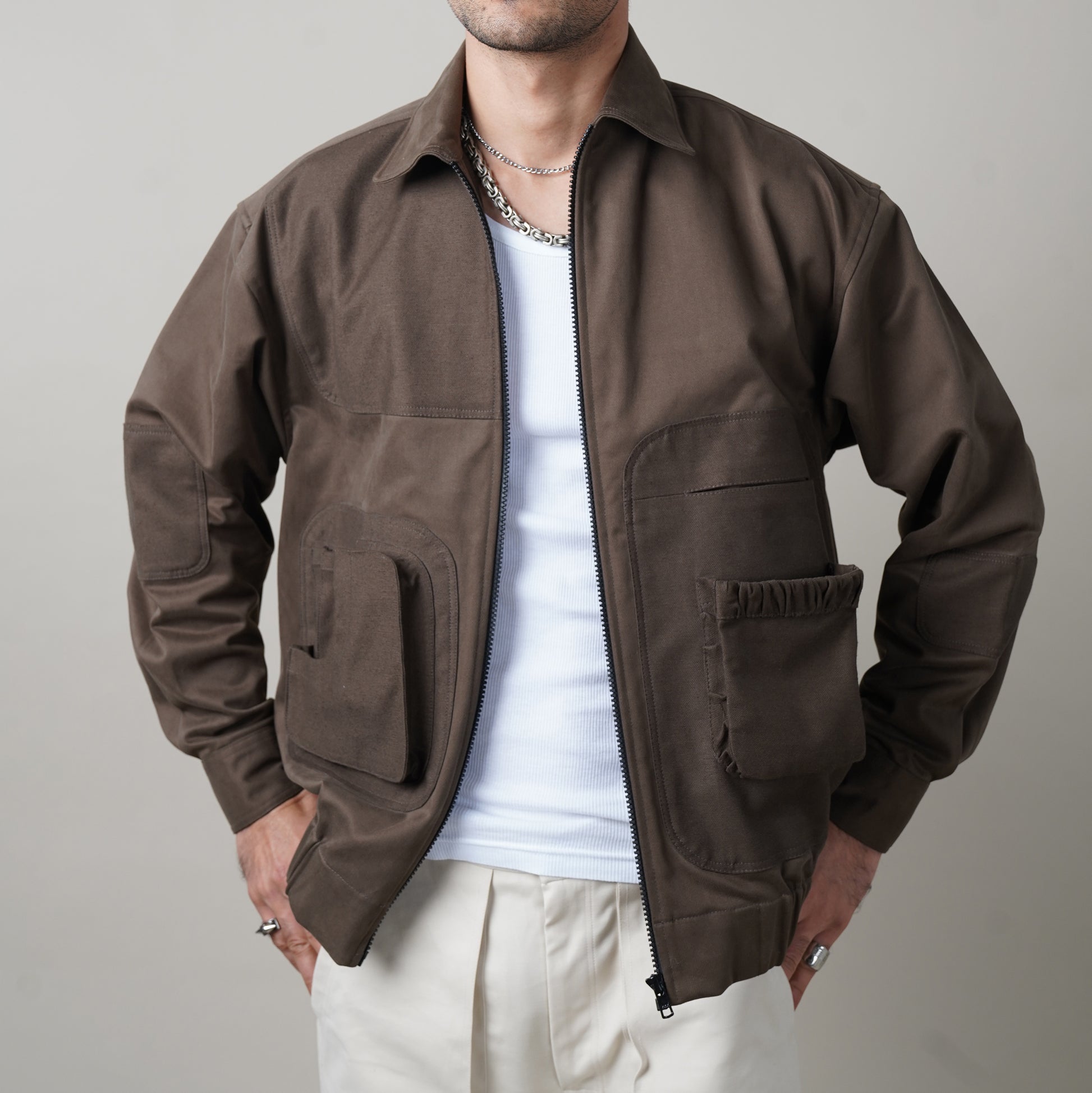BOMBER JACKET, ONE OF ONE, 3D POCKETS, MENS FASHION, MENS JACKETS, HEAVYWEIGHT FABRIC, ONE PIECE COLLAR, 100% EGYPTIAN GIZA COTTON, MENS APPAREL, FALL/ WINTER, OUT FIT INSPIRATION, JACKETS, BROWN BOMBER JACKETS, people also ask