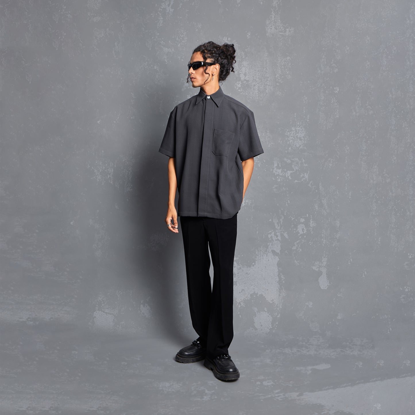 model, lookbook, anchor grey colourway, unisex, straight fit, relaxed fit, mens shirts for summer, womens shirt, cuban collar, one piece, people also ask