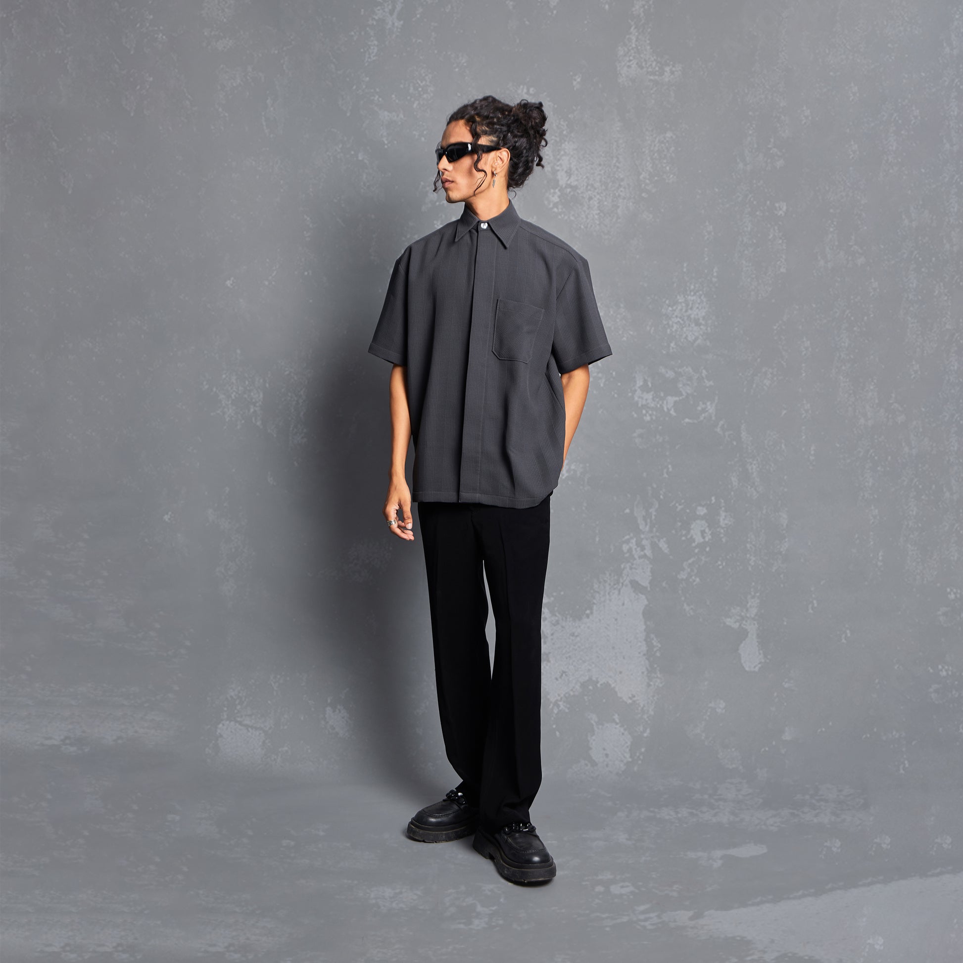 model, lookbook, anchor grey colourway, unisex, straight fit, relaxed fit, mens shirts for summer, womens shirt, cuban collar, one piece, people also ask