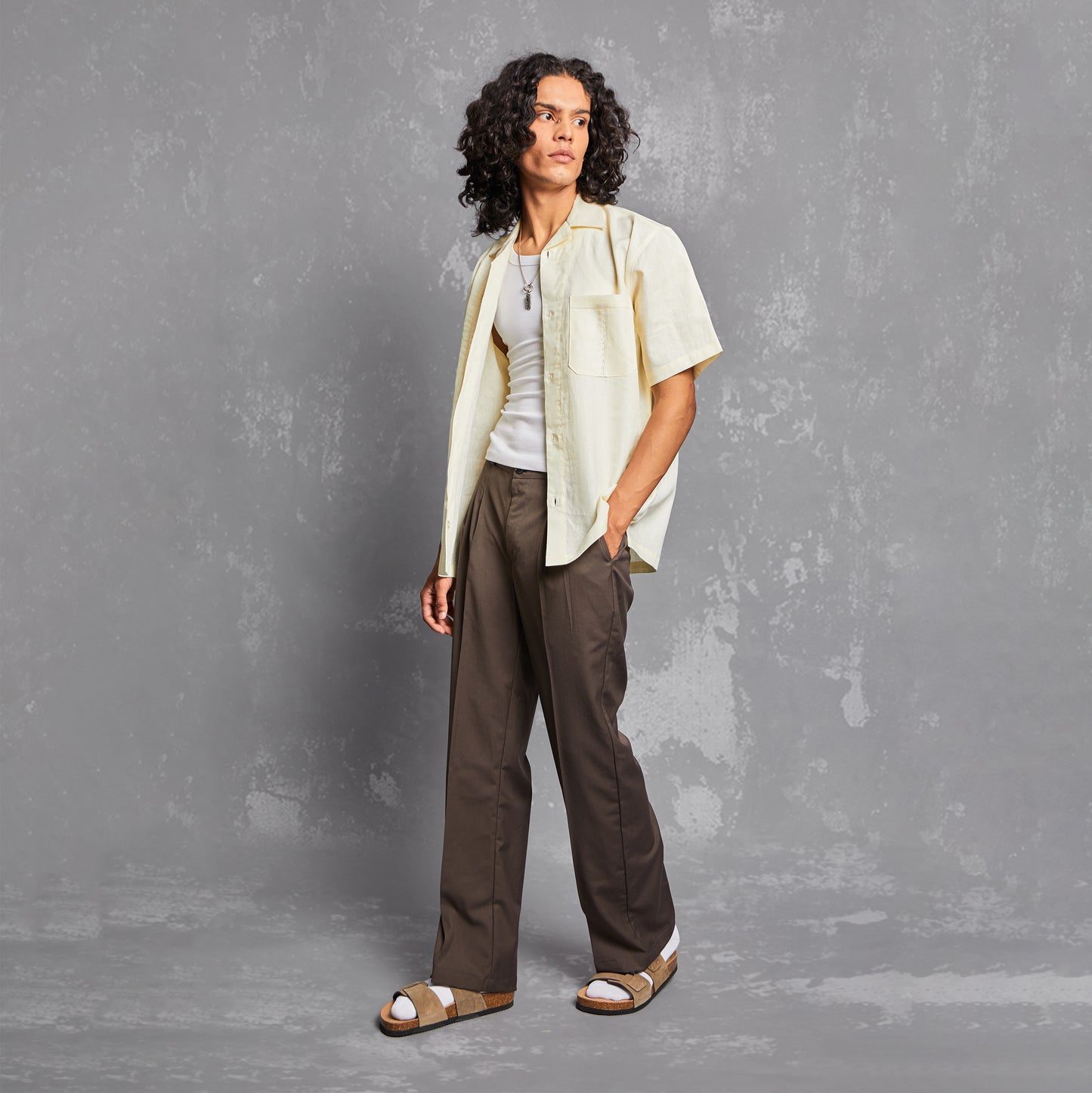 model, editorial, linen shirt, white, outfit of the day, one piece cuban collar, relaxed fit, summer essential, pocket detail, people also ask