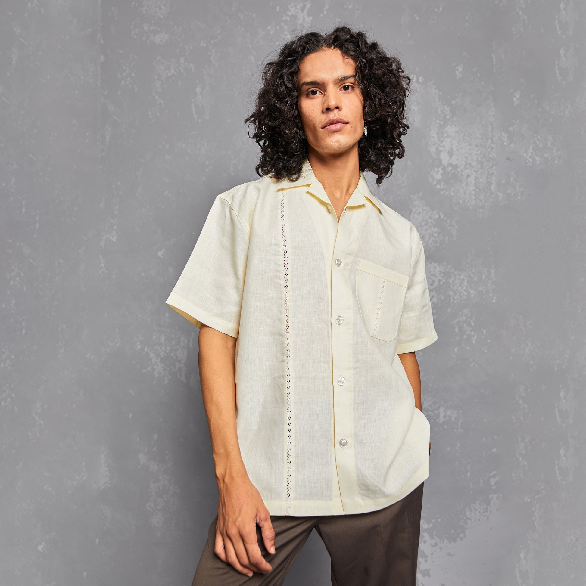 shirt. straight fit, linen shirt, creme, creme white, laced up, laced up linen, summer fits, model, aesthetic editorial, one piece cuban collar, people also ask