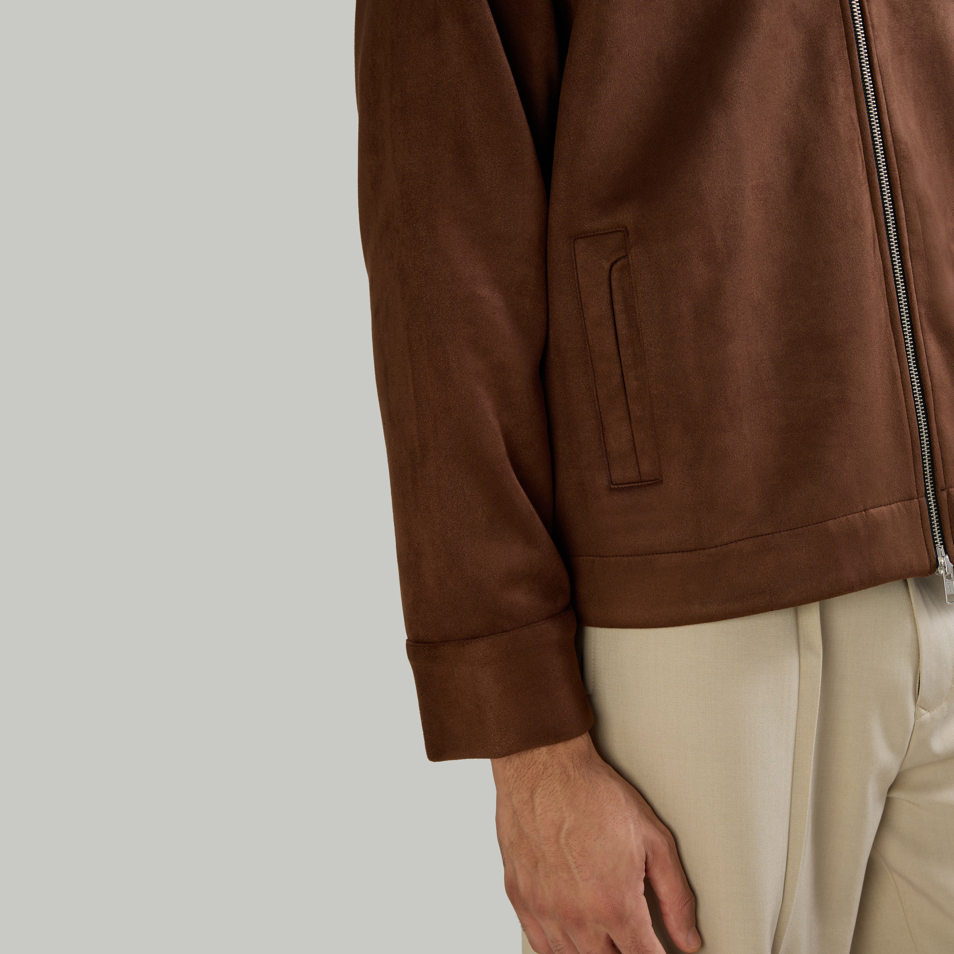 SUEDE TWO-WAY ZIP JACKET - BROWN