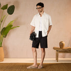 PLEATED TEXTURED COTTON SHORTS - BLACK