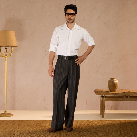 RELAXED FIT  PINSTRIPE TROUSERS - BLACK