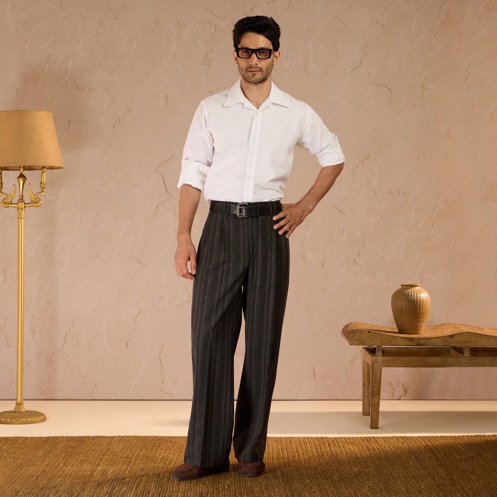 RELAXED FIT PINSTRIPE TROUSERS - BLACK