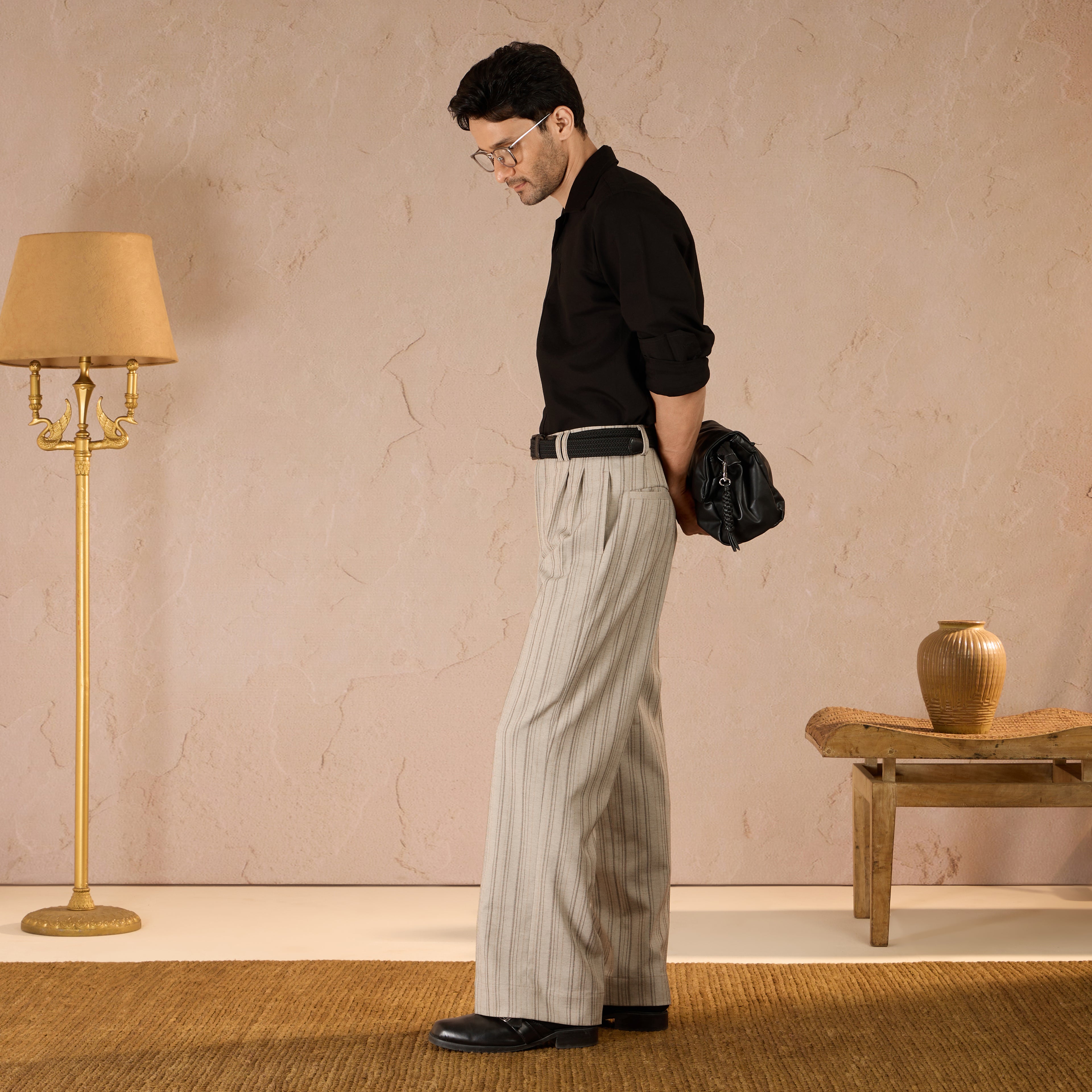 RELAXED FIT PINSTRIPE TROUSERS - BEIGE