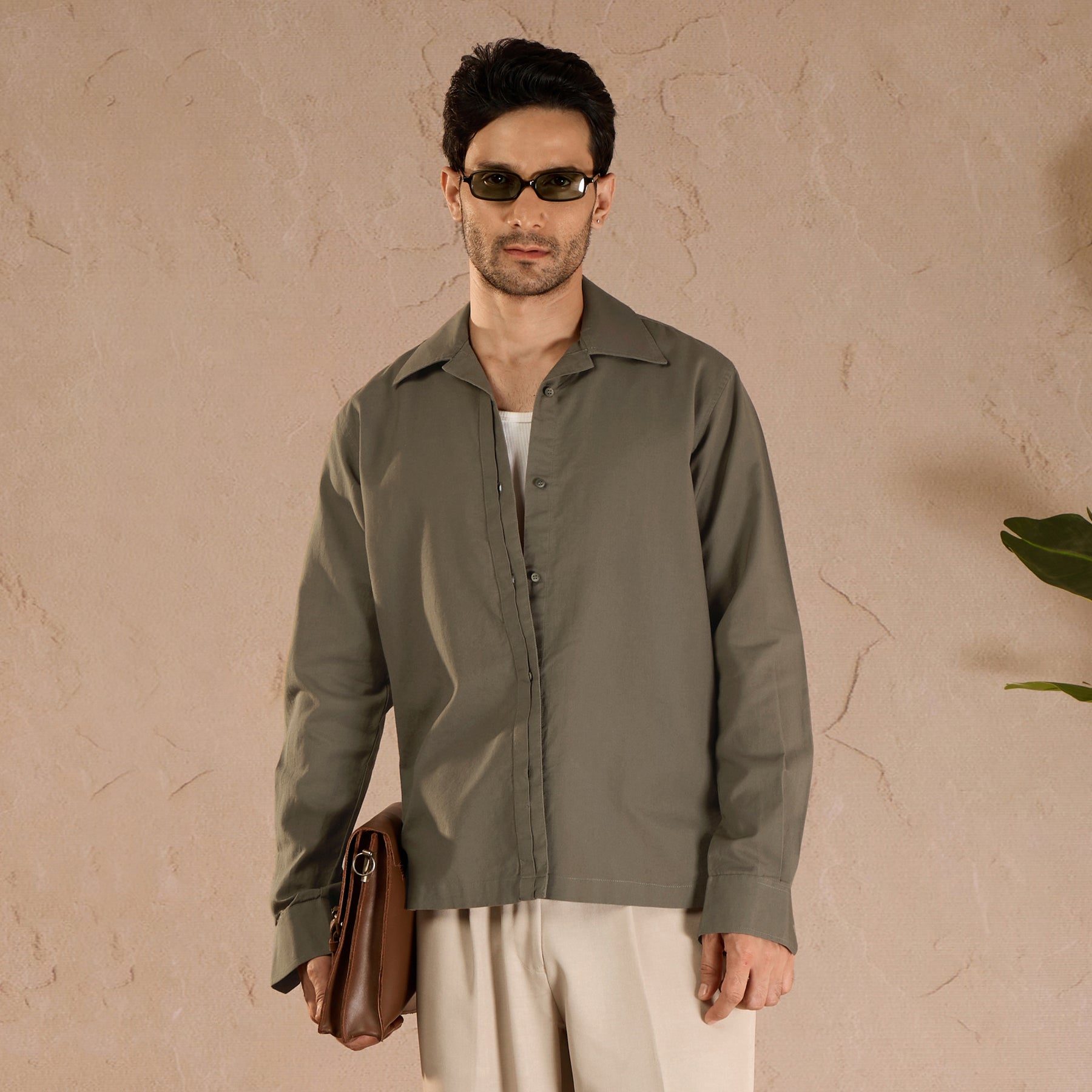 HALF PLACKET COTTON OXFORD SHIRT - OLIVE