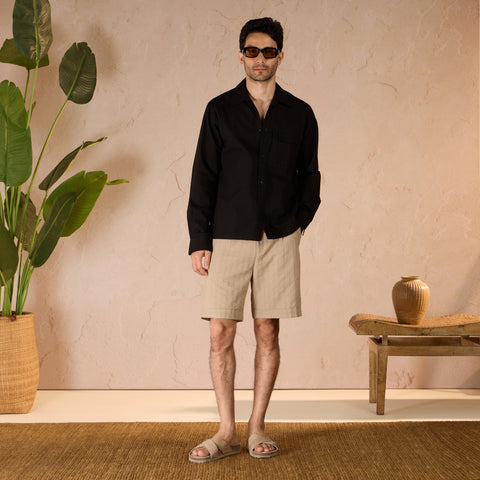 PLEATED TEXTURED COTTON SHORTS - KHAKI