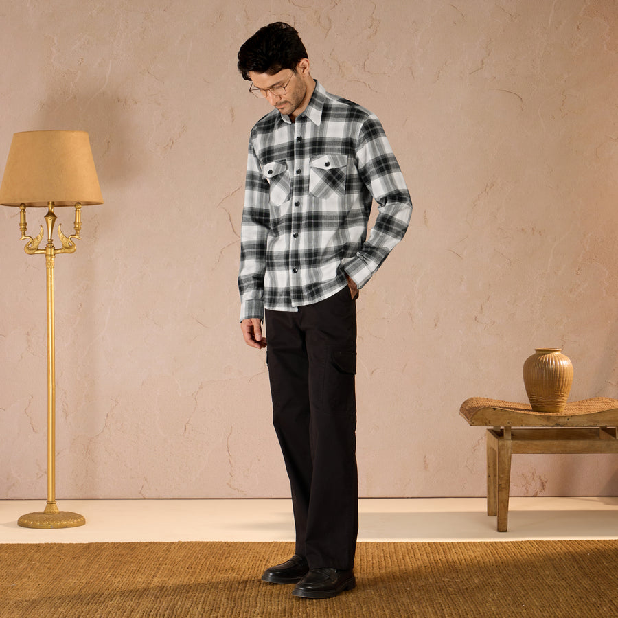 COTTON LIGHTWEIGHT FLANNEL SHIRT - BLACK