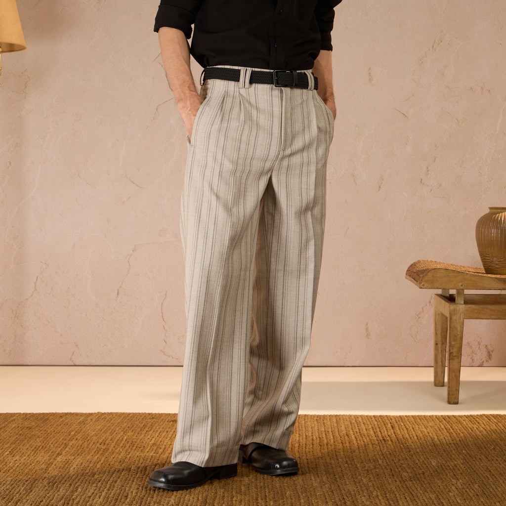 RELAXED FIT PINSTRIPE TROUSERS - BEIGE
