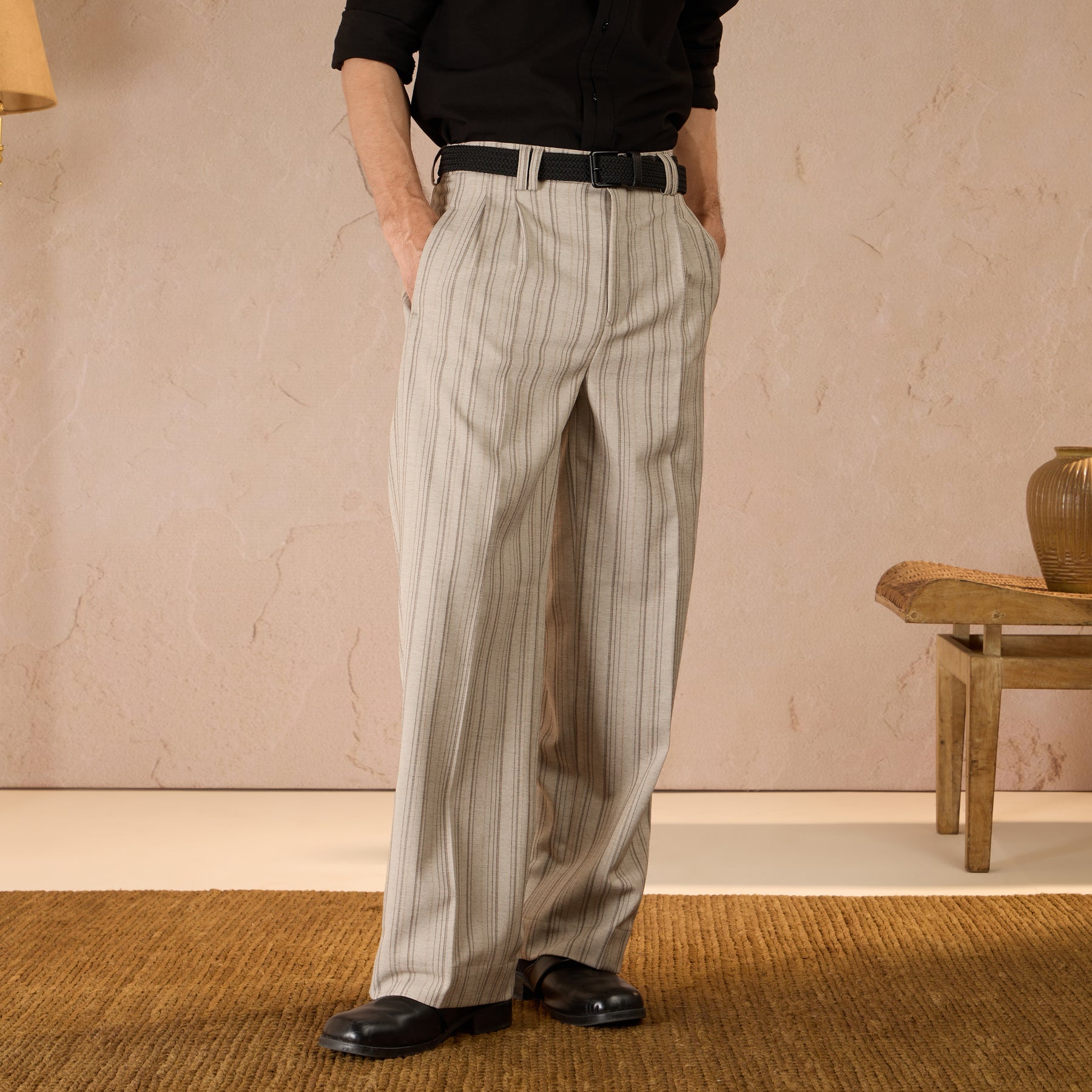 RELAXED FIT  PINSTRIPE TROUSERS - BEIGE
