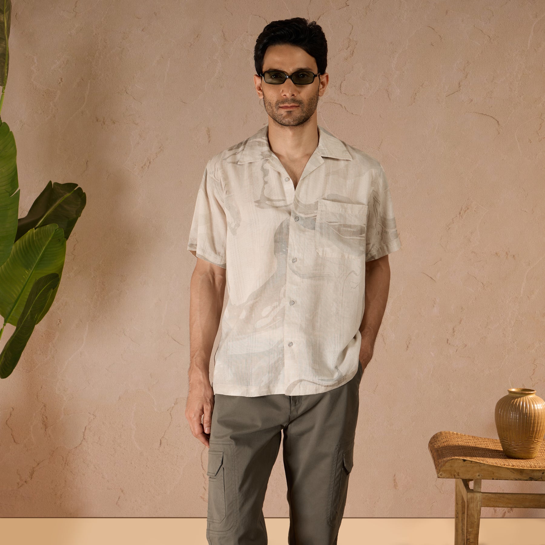 MARBLE PRINT LINEN SHIRT - DUSTY GREY