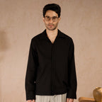 HALF PLACKET COTTON OXFORD SHIRT - BLACK