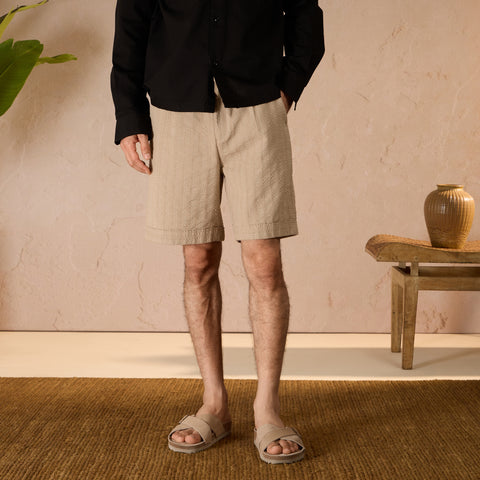 PLEATED TEXTURED COTTON SHORTS - KHAKI
