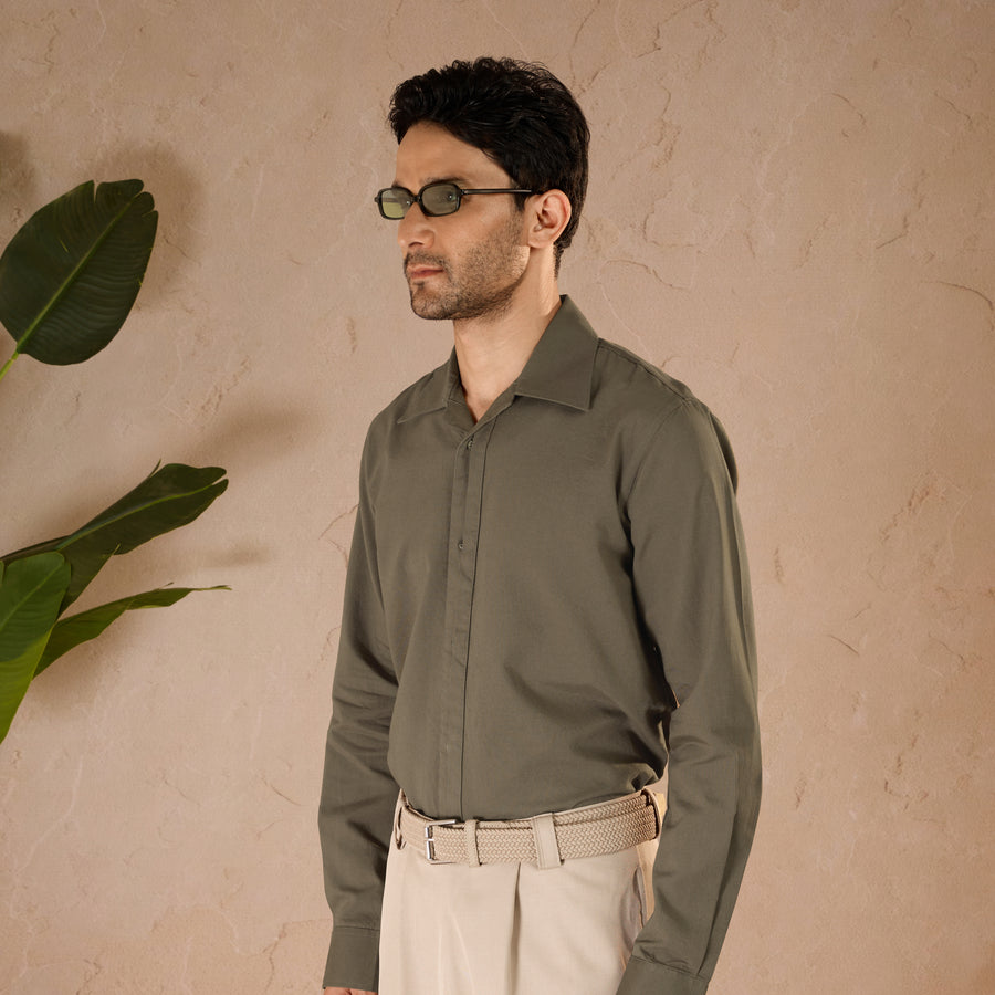 HALF PLACKET COTTON OXFORD SHIRT - OLIVE