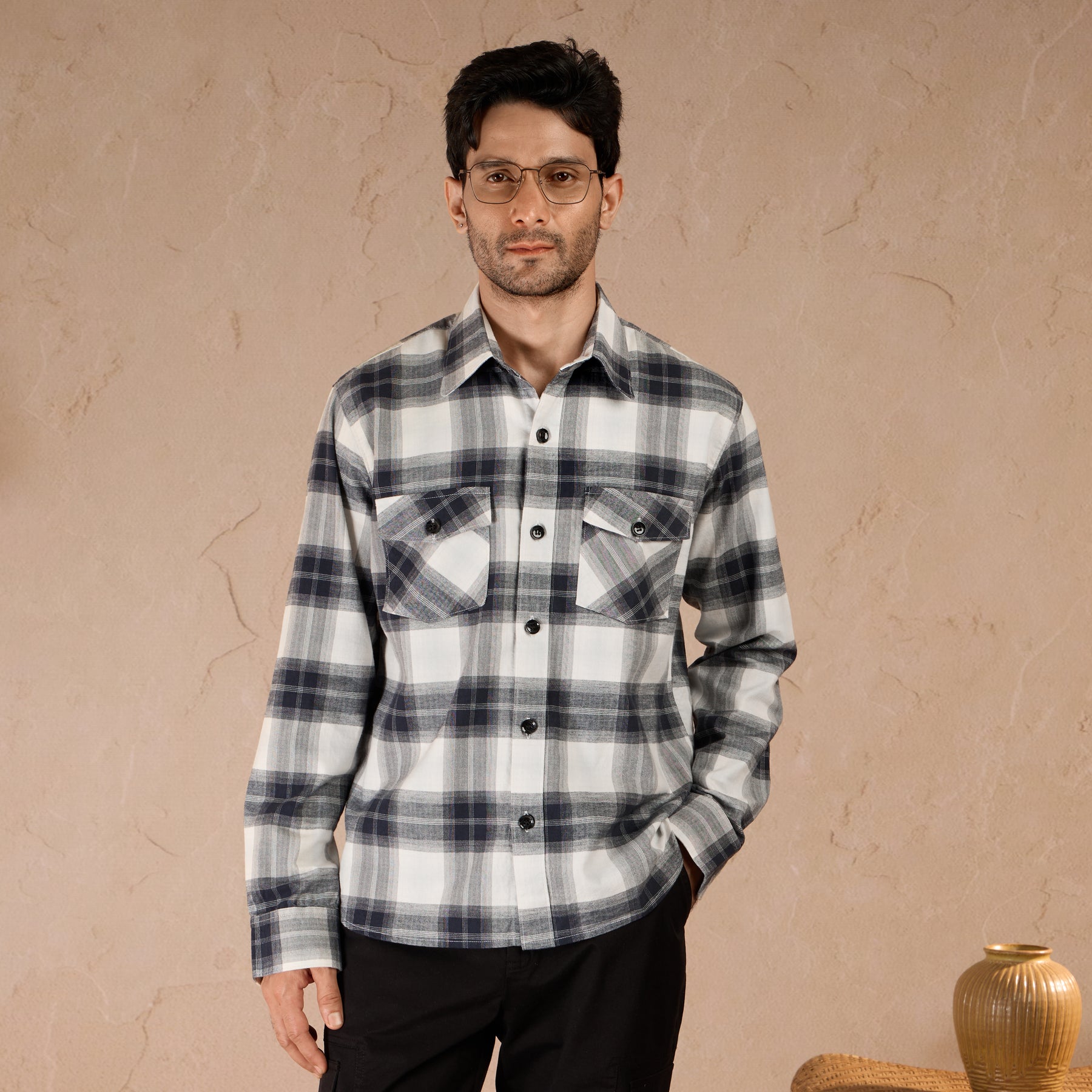 COTTON LIGHTWEIGHT FLANNEL SHIRT - NAVY