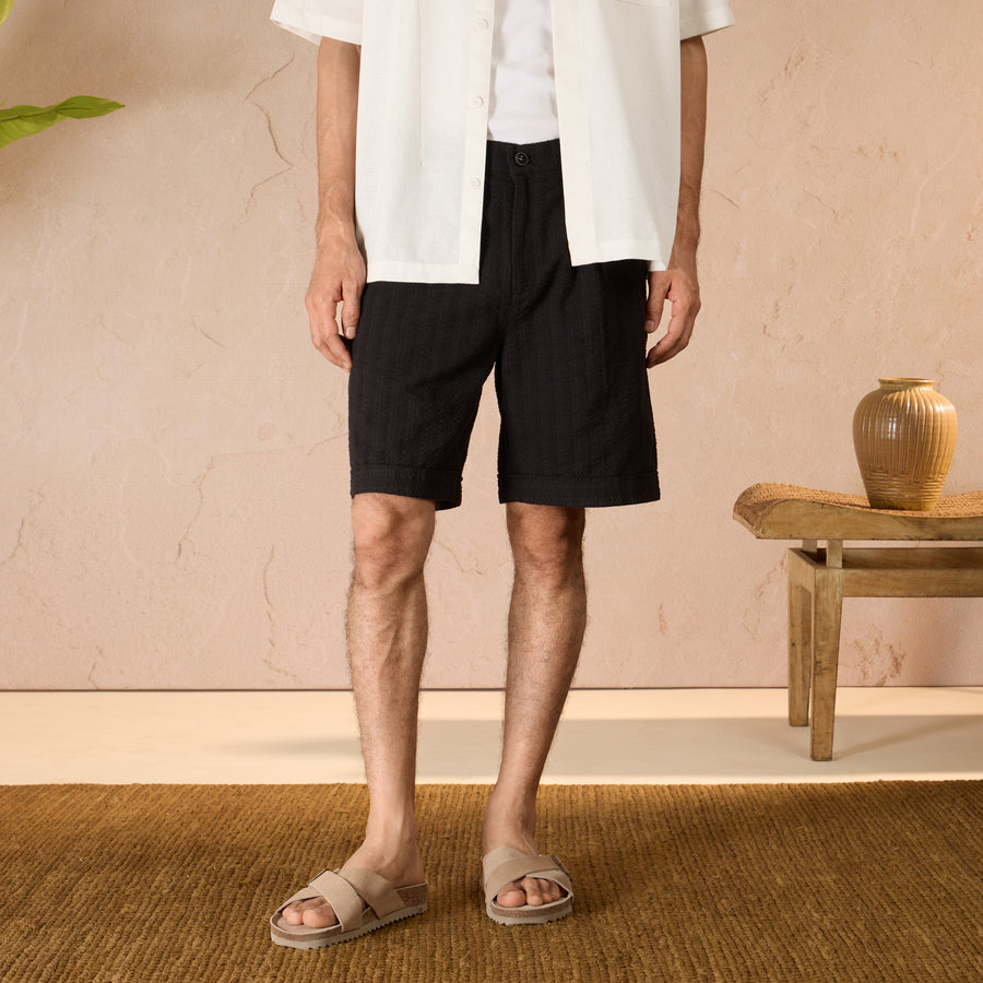 PLEATED TEXTURED COTTON SHORTS - BLACK