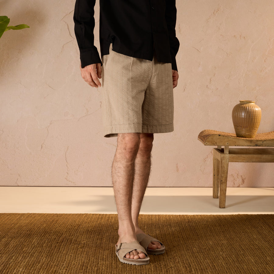 PLEATED TEXTURED COTTON SHORTS - KHAKI