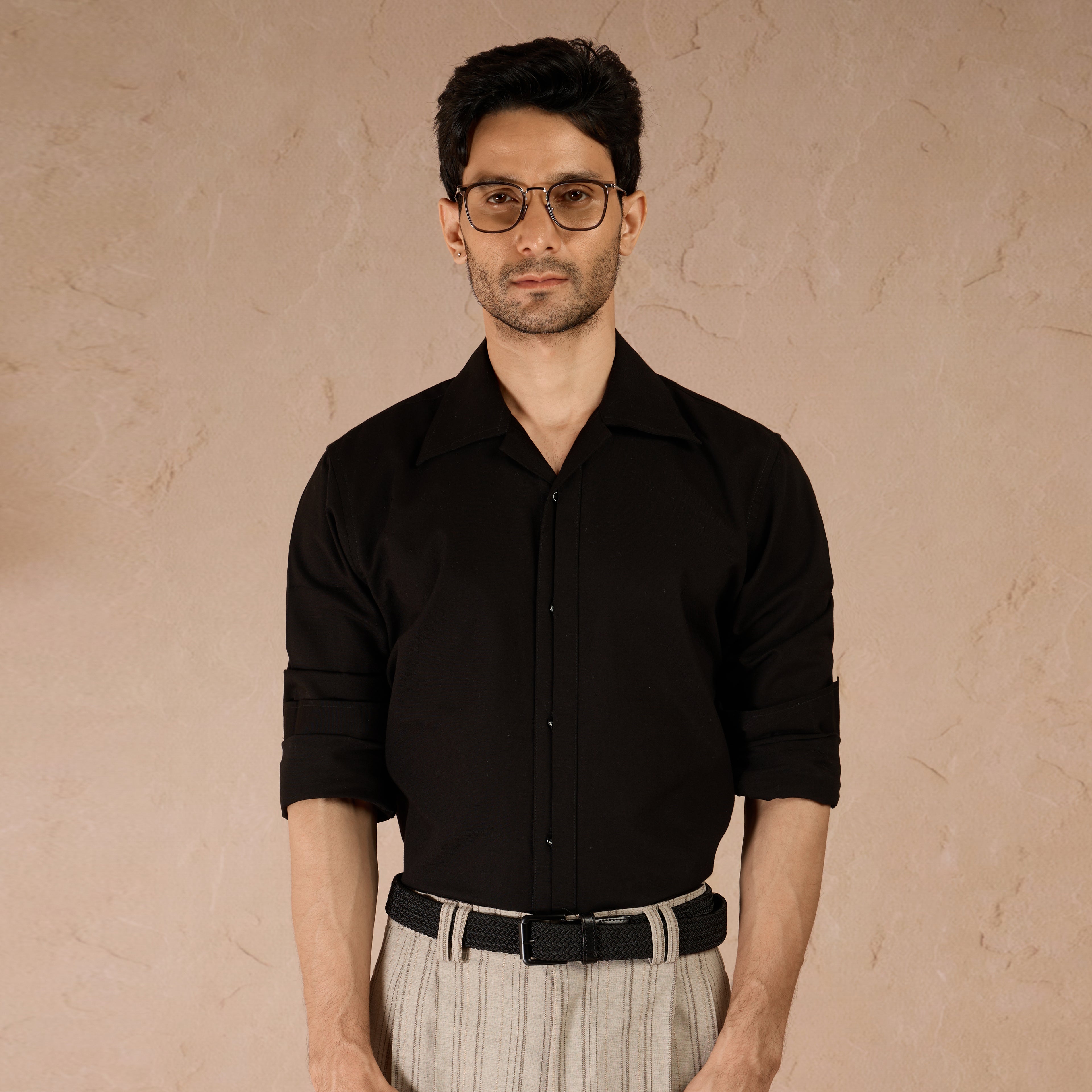 HALF PLACKET COTTON OXFORD SHIRT - BLACK