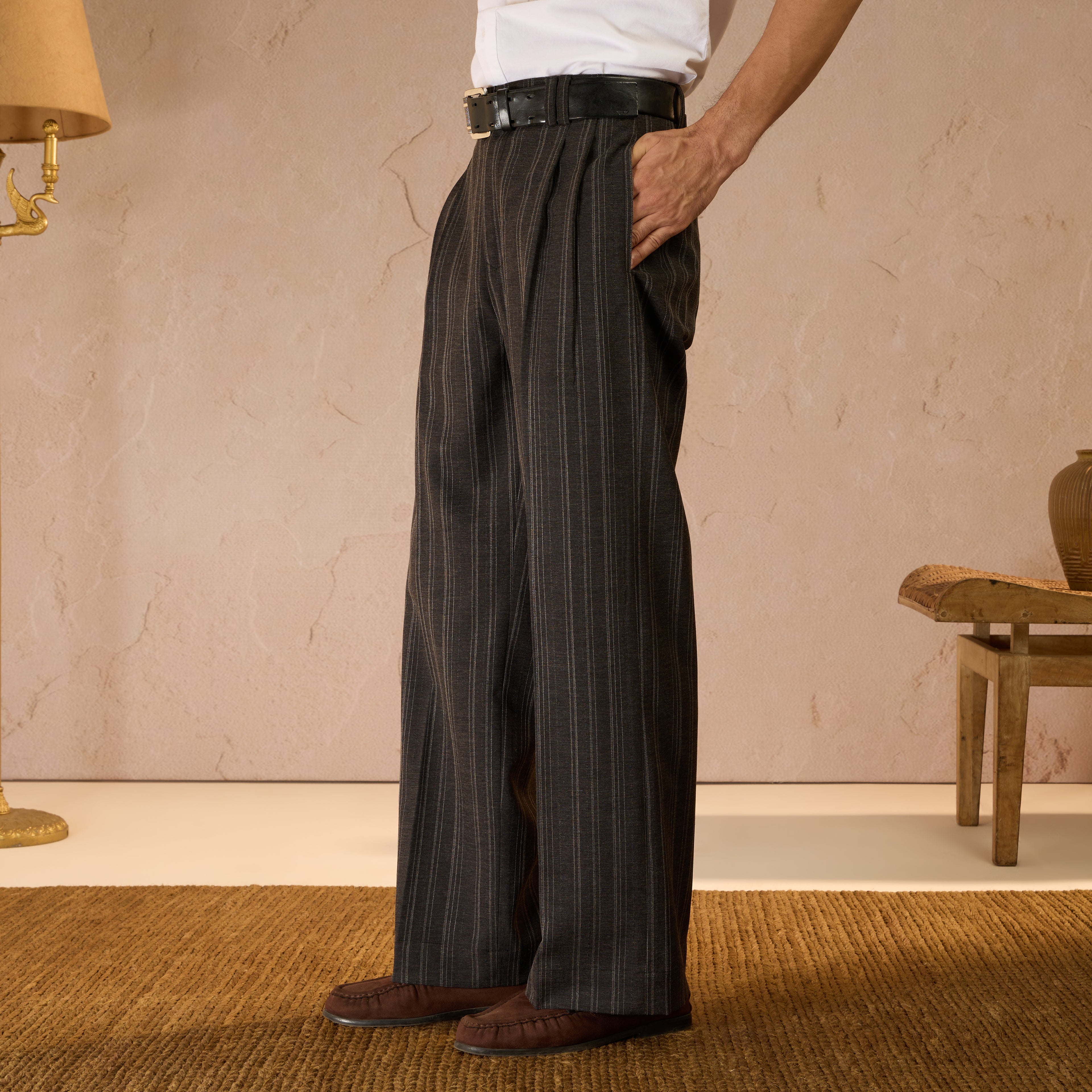 RELAXED FIT PINSTRIPE TROUSERS - BLACK