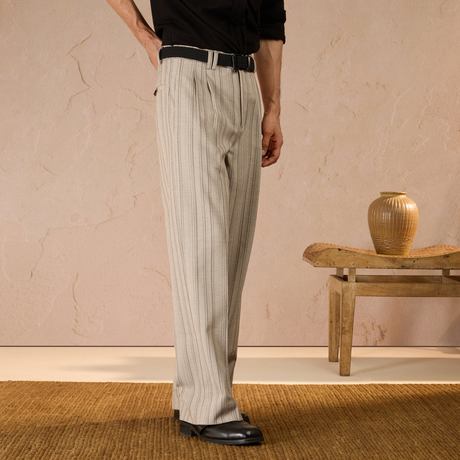 RELAXED FIT  PINSTRIPE TROUSERS - BEIGE