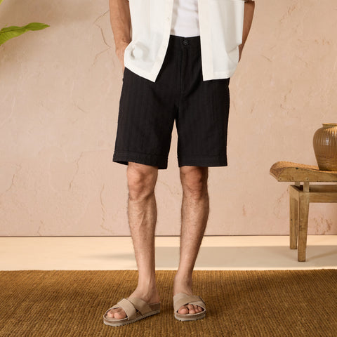 PLEATED TEXTURED COTTON SHORTS - BLACK