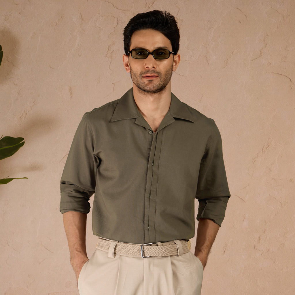 HALF PLACKET COTTON OXFORD SHIRT - OLIVE