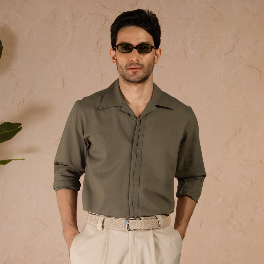 HALF PLACKET COTTON OXFORD SHIRT - OLIVE