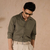 HALF PLACKET COTTON OXFORD SHIRT - OLIVE