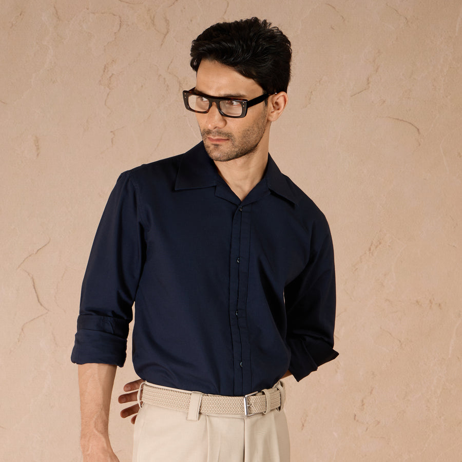 HALF PLACKET COTTON OXFORD SHIRT - NAVY