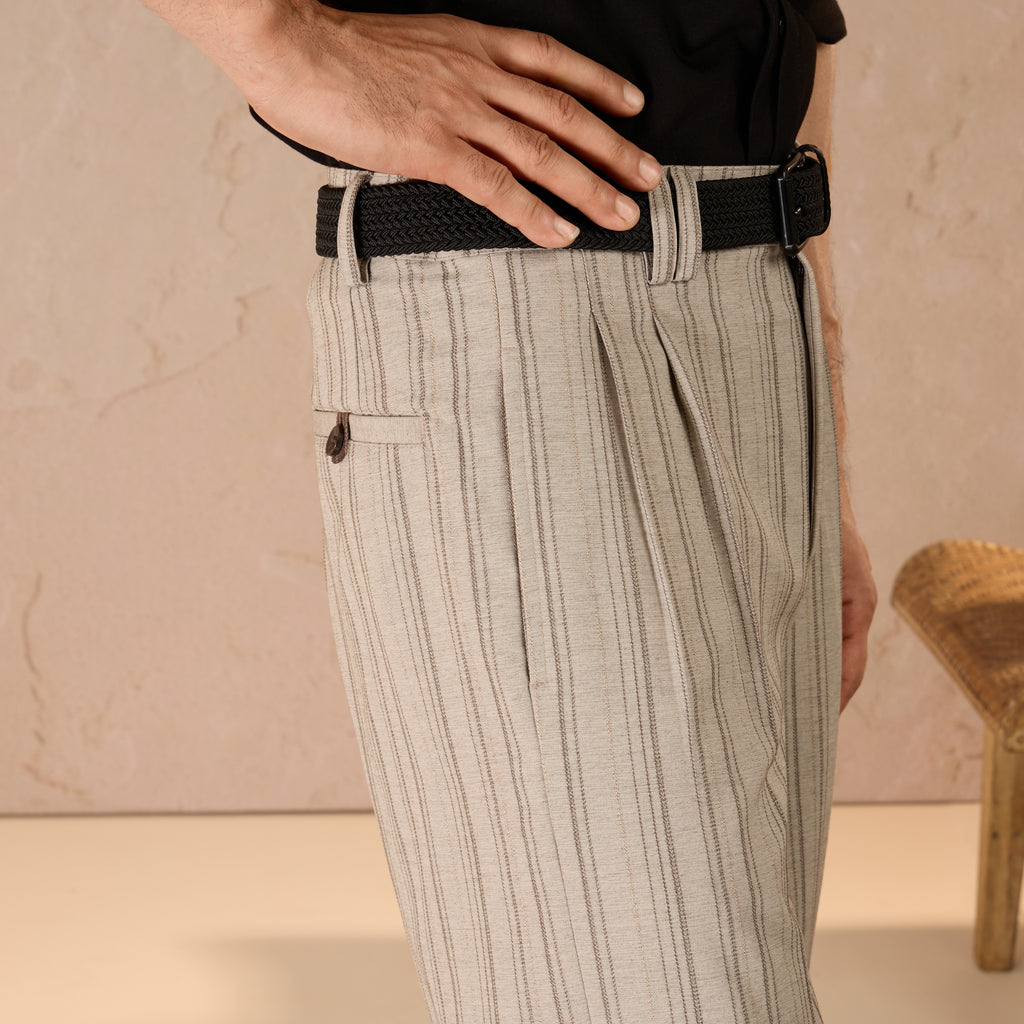 RELAXED FIT PINSTRIPE TROUSERS - BEIGE