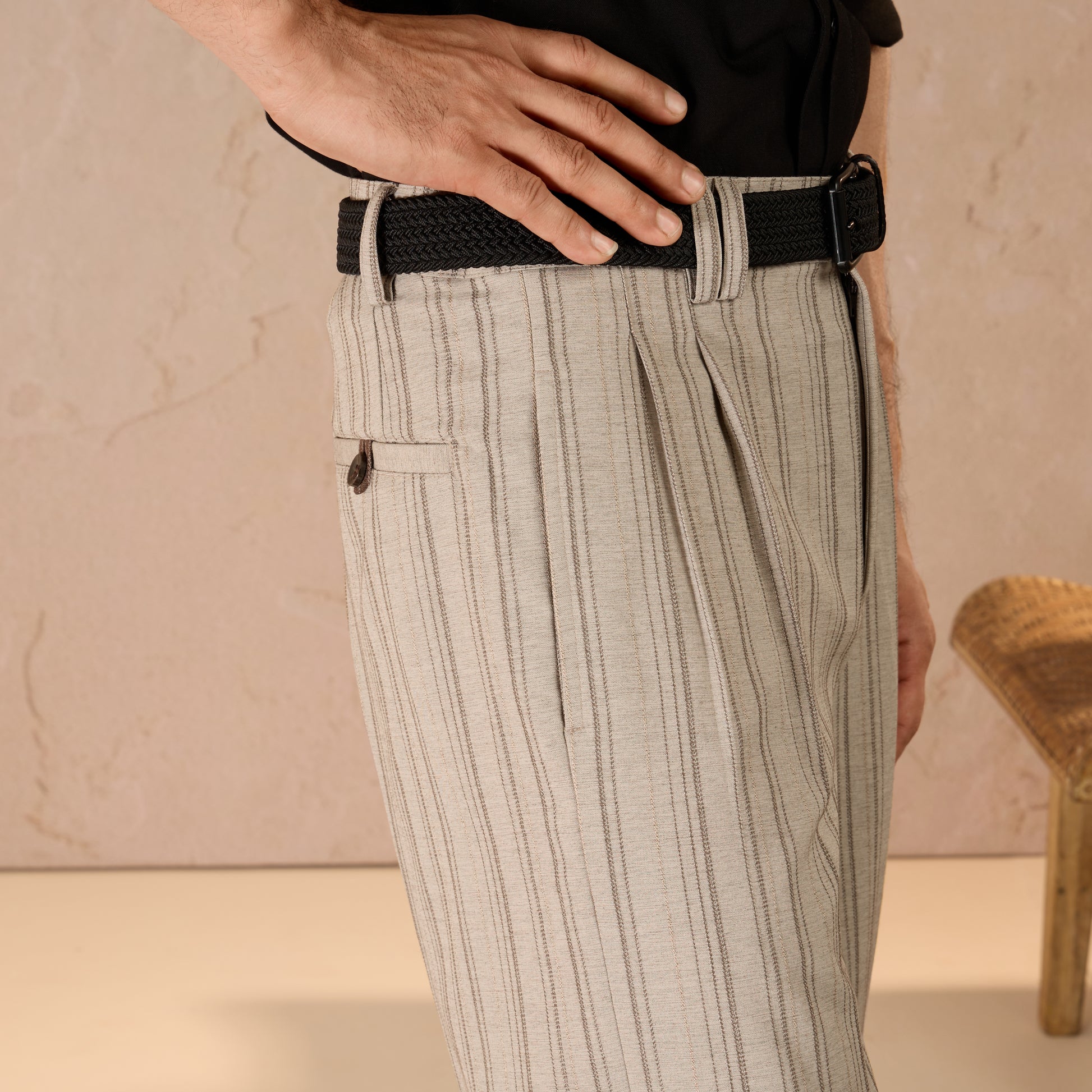RELAXED FIT  PINSTRIPE TROUSERS - BEIGE