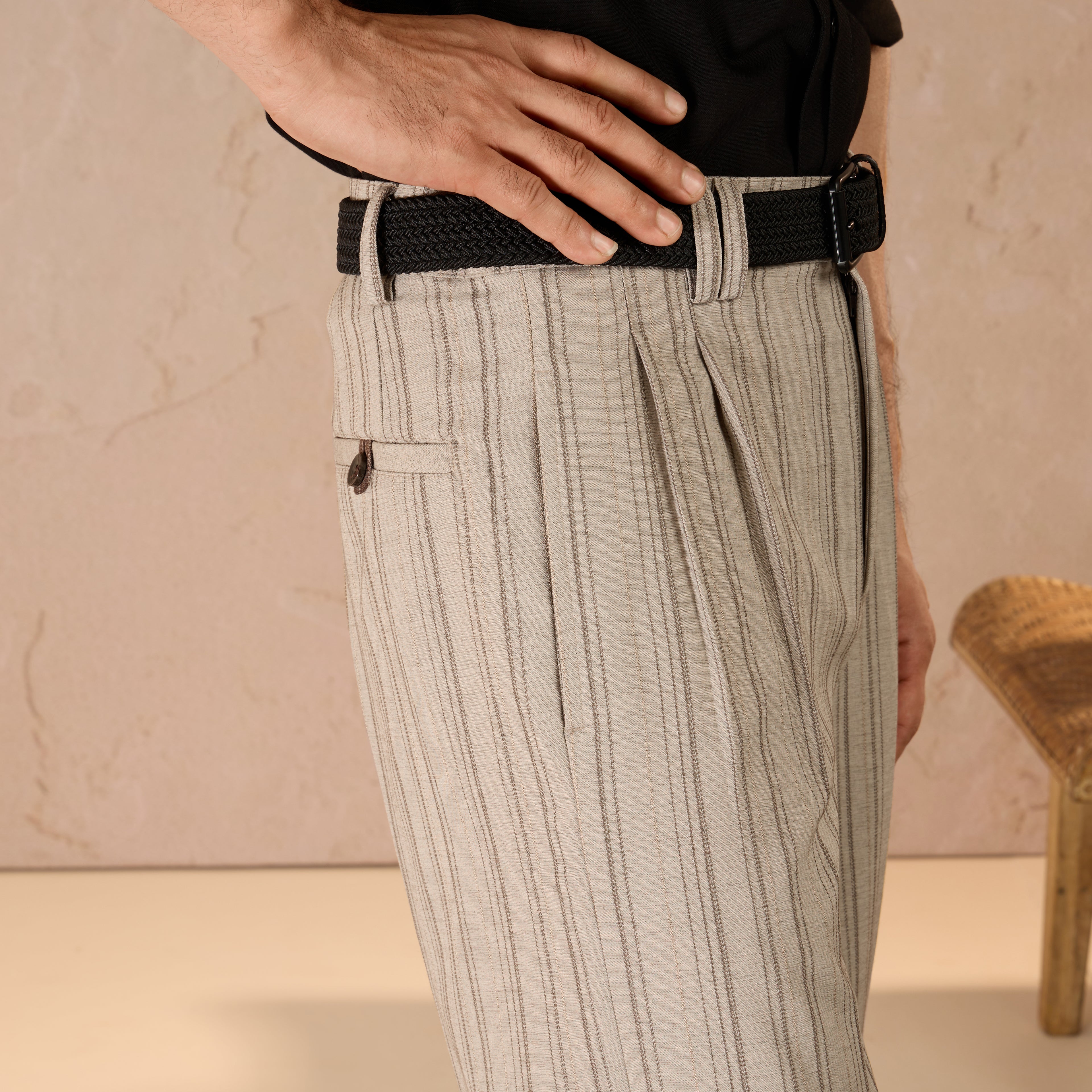 RELAXED FIT PINSTRIPE TROUSERS - BEIGE