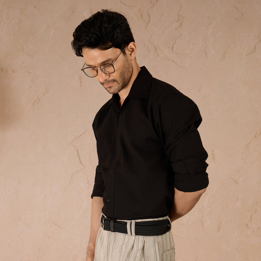 HALF PLACKET COTTON OXFORD SHIRT - BLACK