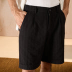 PLEATED TEXTURED COTTON SHORTS - BLACK