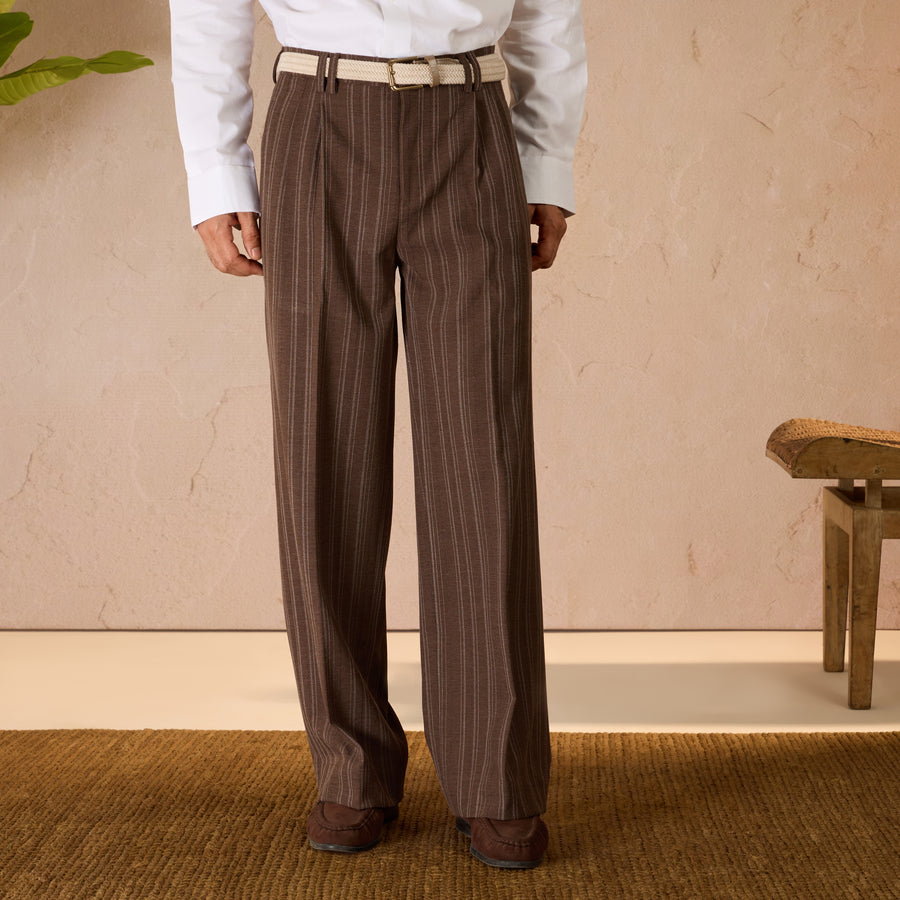 RELAXED FIT  PINSTRIPE TROUSERS - BROWN