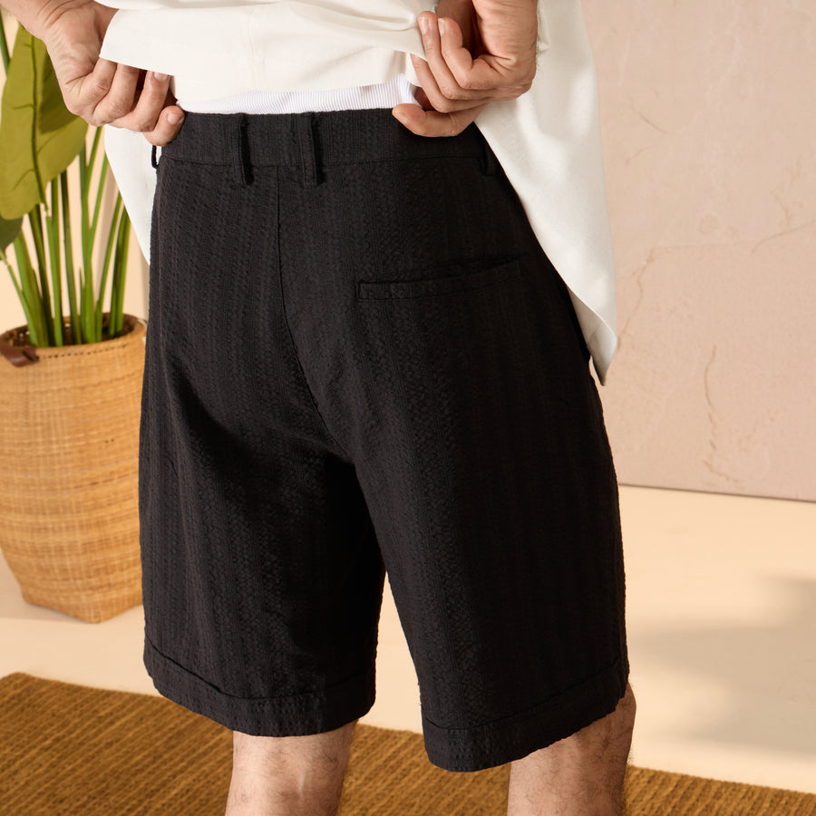 PLEATED TEXTURED COTTON SHORTS - BLACK