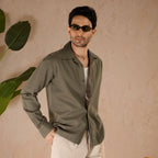 HALF PLACKET COTTON OXFORD SHIRT - OLIVE