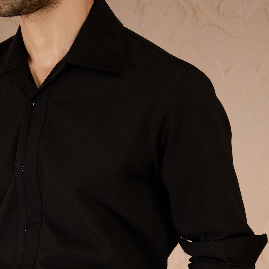 HALF PLACKET COTTON OXFORD SHIRT - BLACK