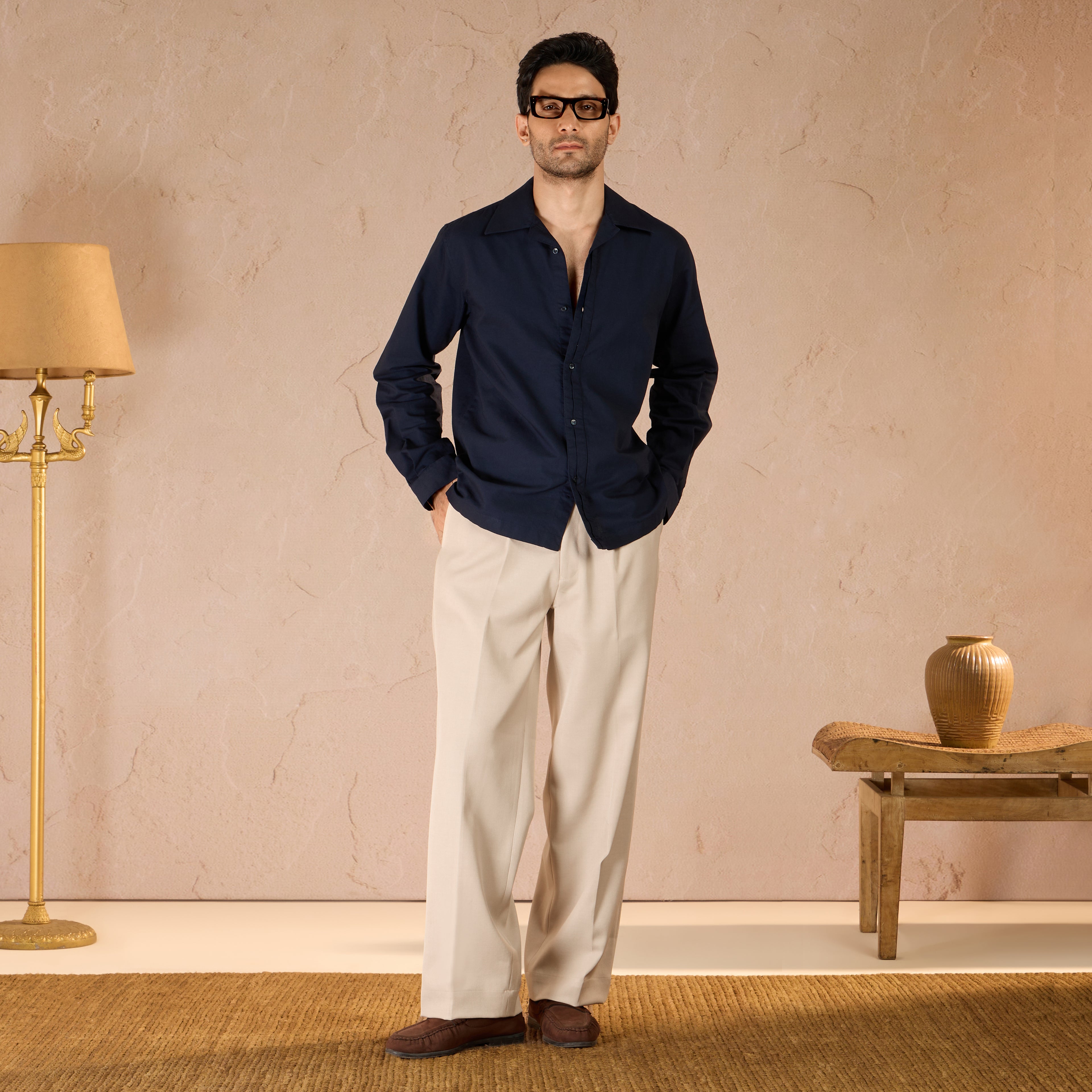 HALF PLACKET COTTON OXFORD SHIRT - NAVY