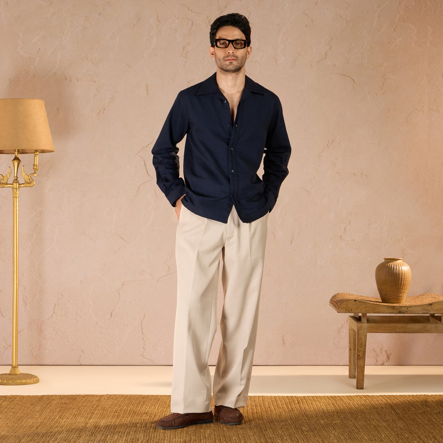 HALF PLACKET COTTON OXFORD SHIRT - NAVY