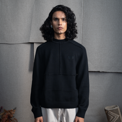 KNITTED CREW NECK JUMPER - RICH BLACK