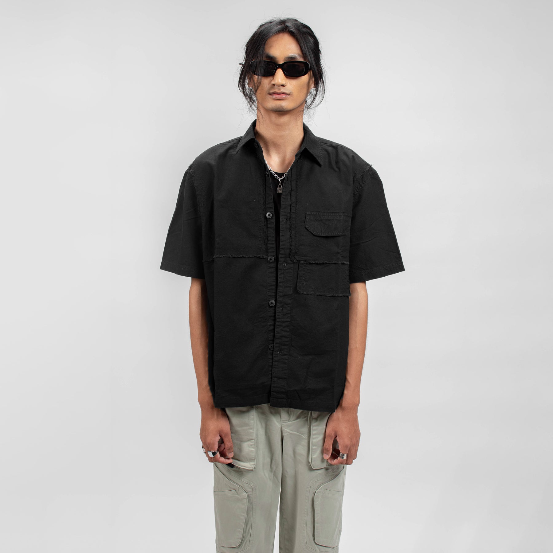 FRAYED COTTON SHIRT - DUSTY BLACK