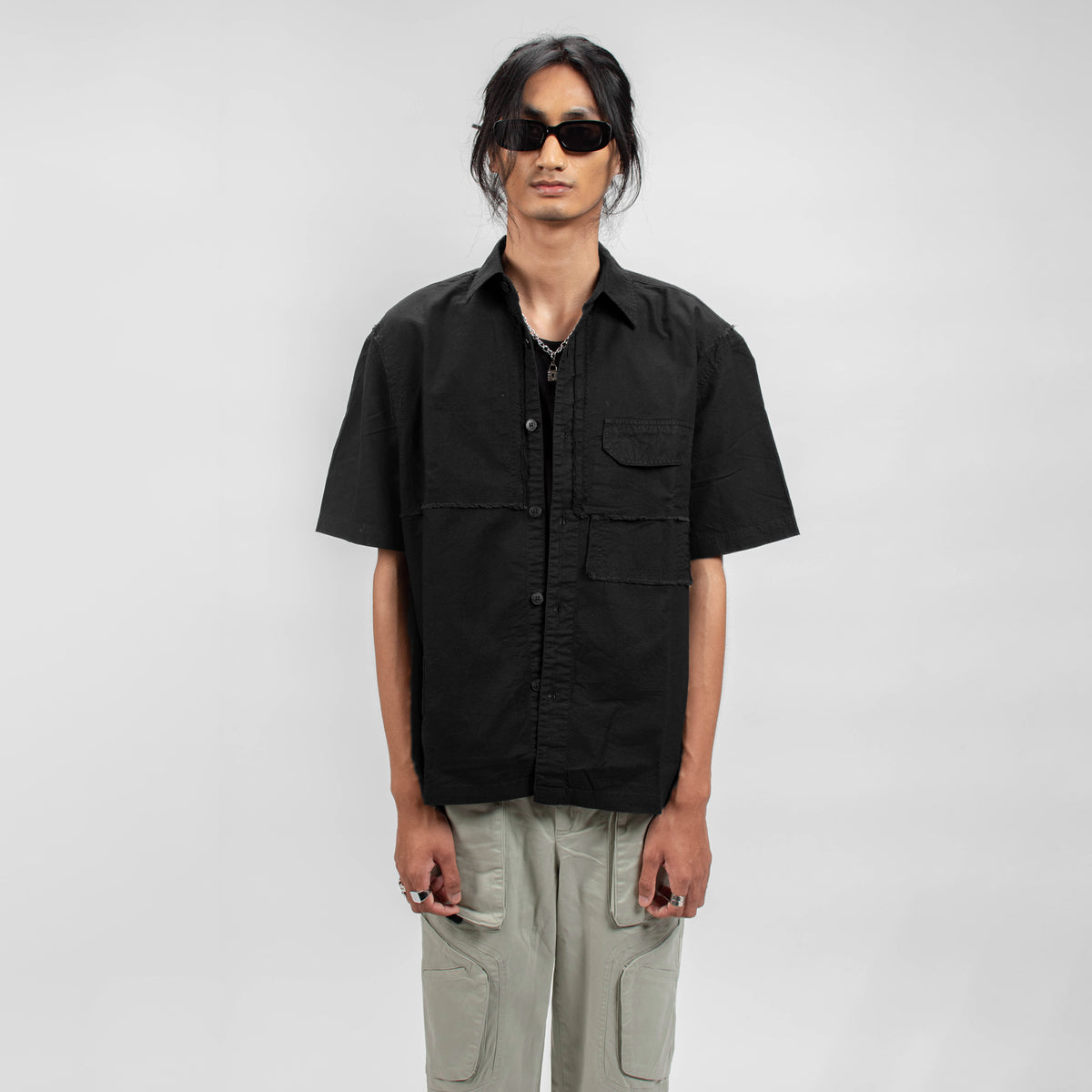 FRAYED COTTON SHIRT - DUSTY BLACK
