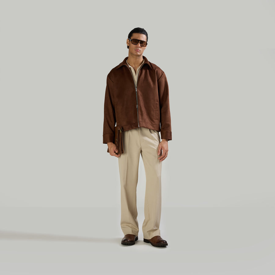 SUEDE TWO-WAY ZIP JACKET - BROWN