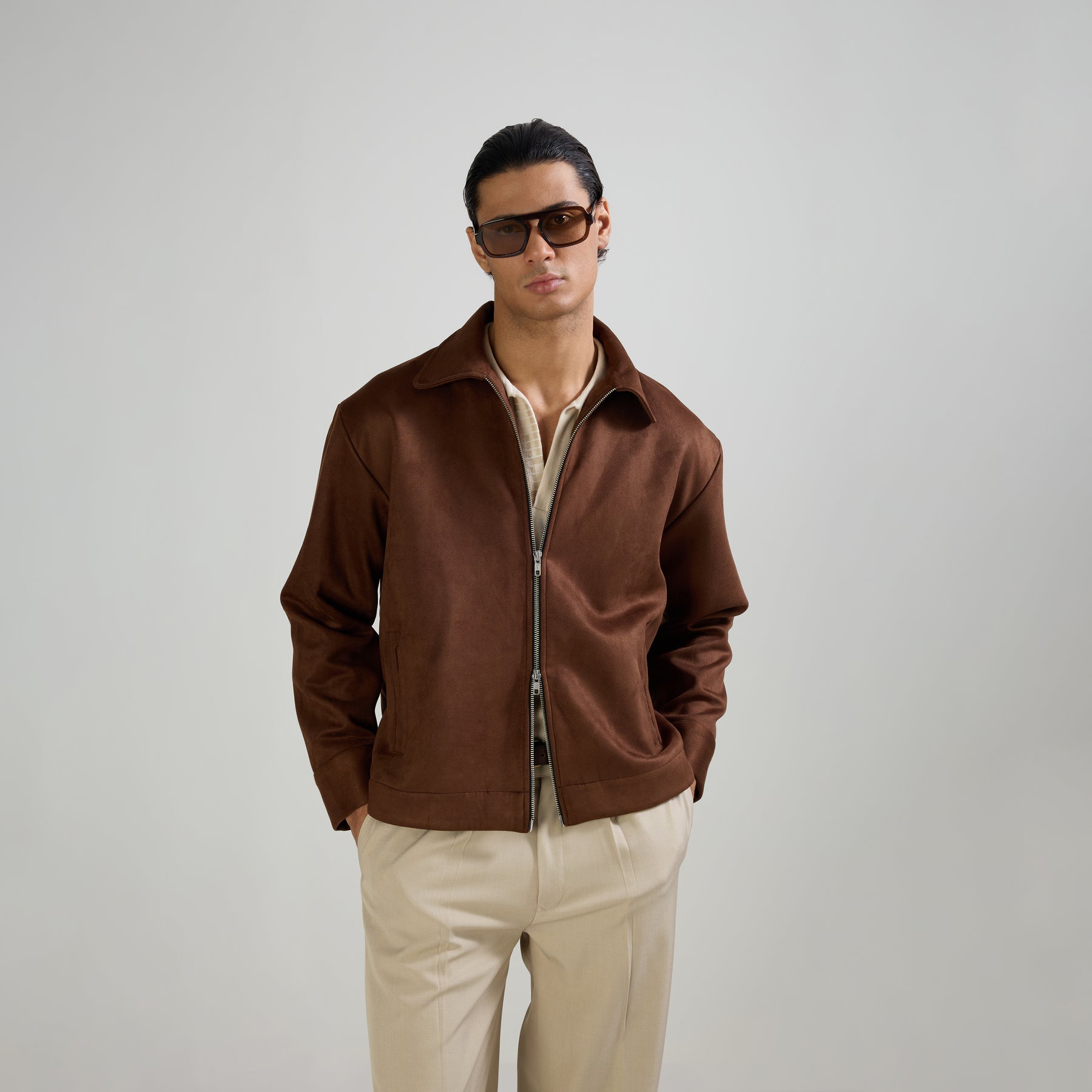 SUEDE TWO-WAY ZIP JACKET - BROWN
