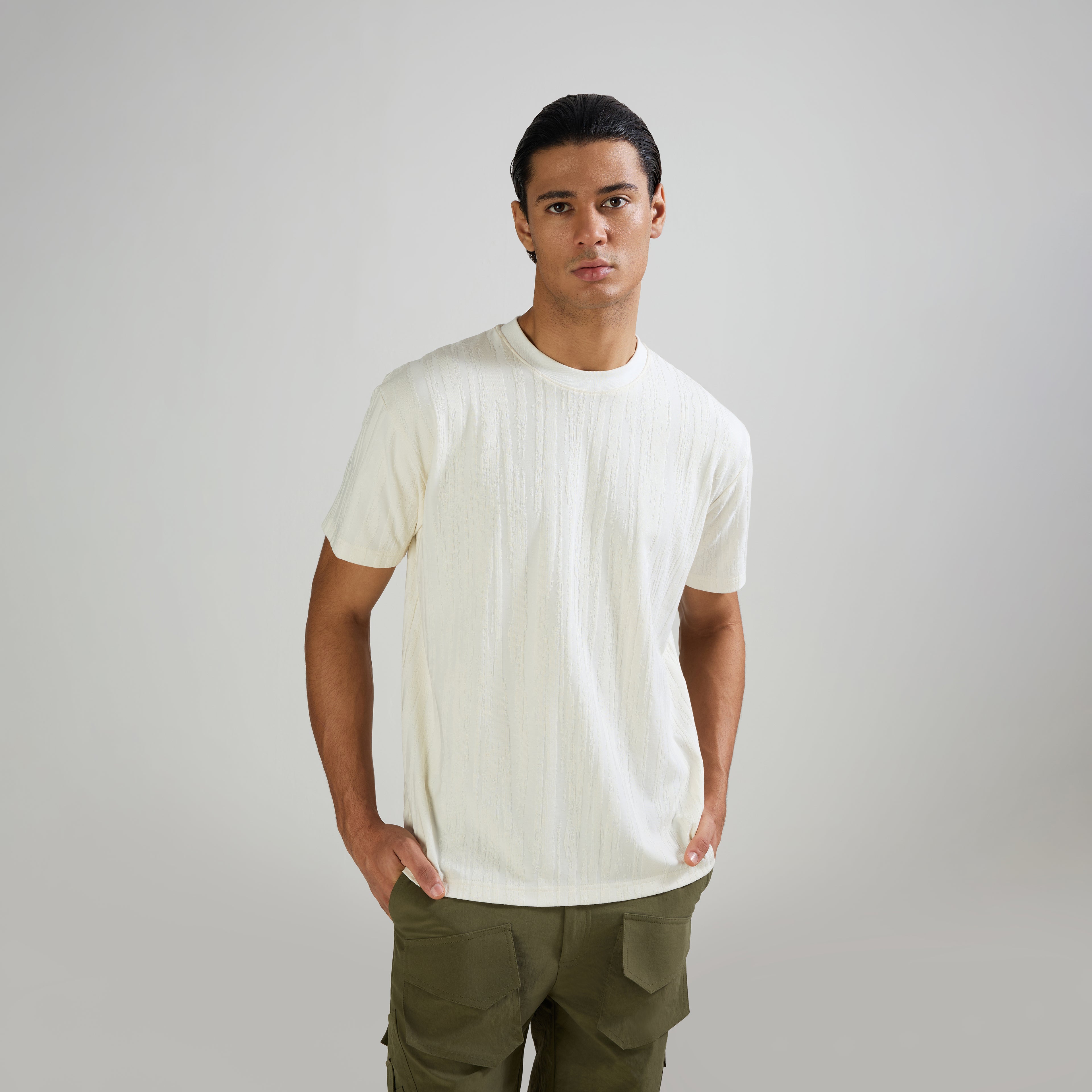JACQUARD ROUND NECK T-SHIRT - OFF WHITE