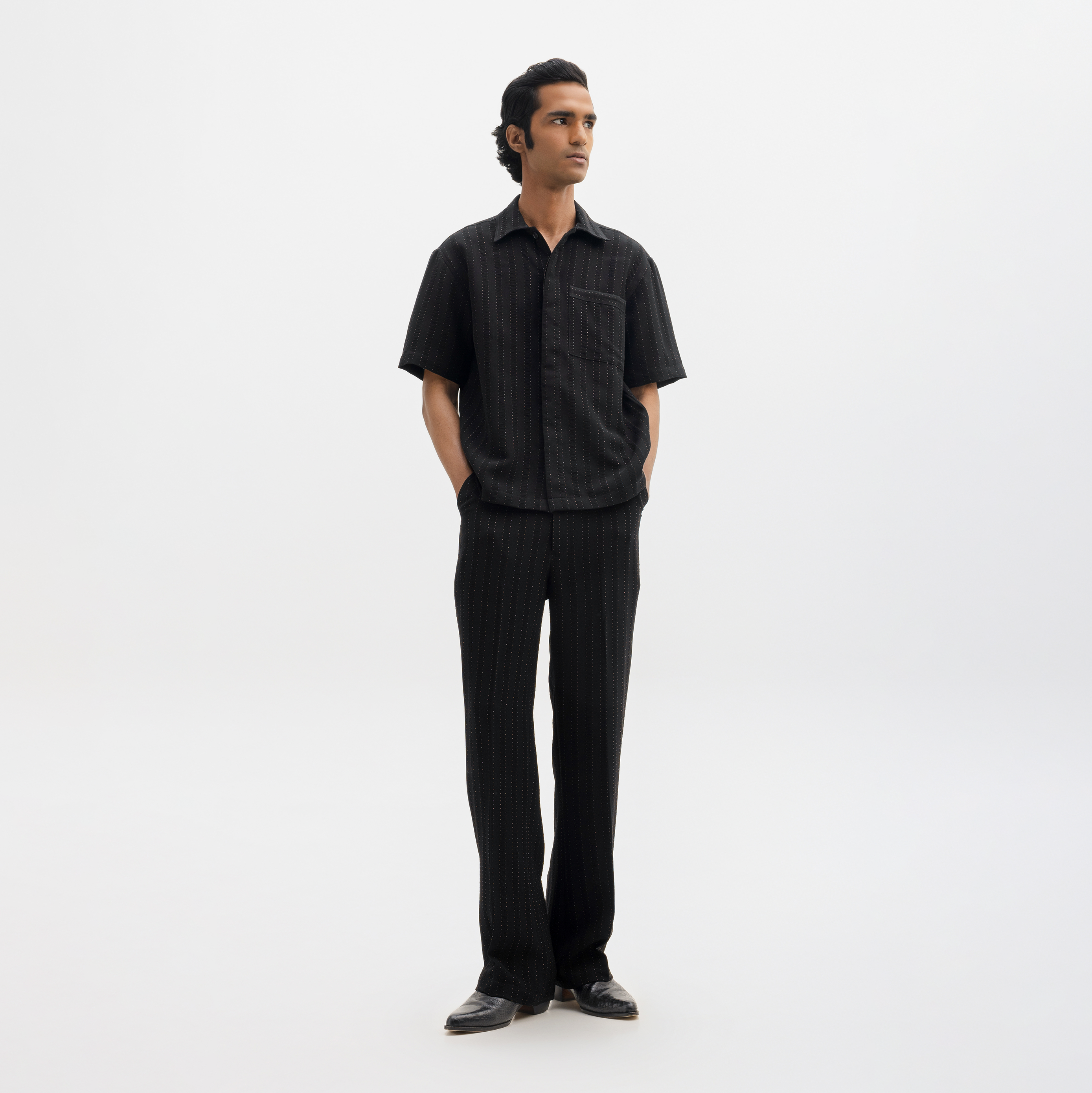 PINSTRIPE CUBAN SHIRT - JET BLACK